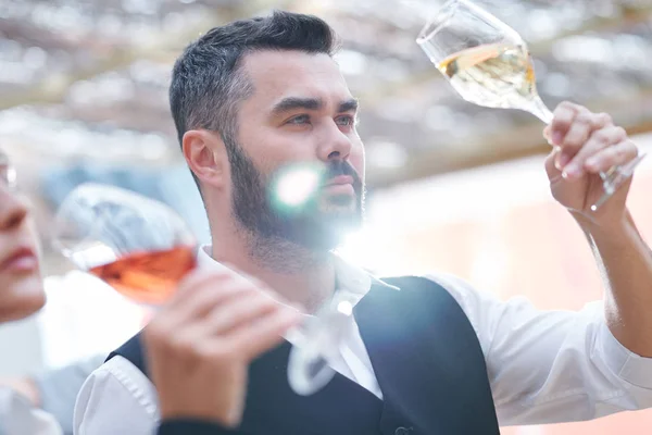 Giovane Sommelier Fiducioso Con Bicchiere Cabernet Sauvignon Guardando Attentamente Vino — Foto Stock