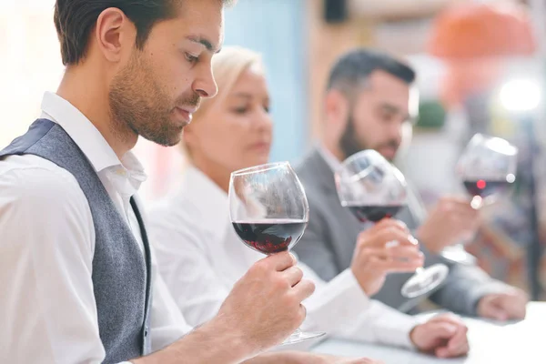 Jovem Elegante Especialista Adega Enólogo Olhando Para Vinho Tinto Vidro — Fotografia de Stock