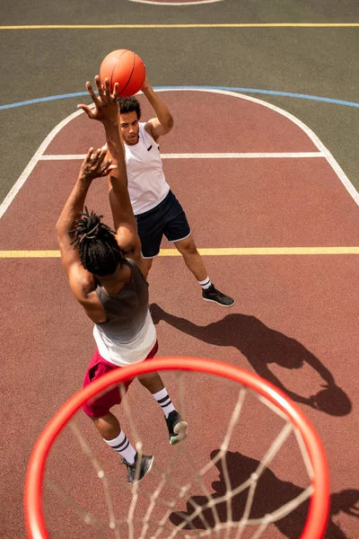 One Young Intercultural Basketball Players Attacking Ball While His Rival — Stock Photo, Image