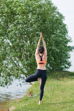 Saç topuz tek bacak üzerinde duran ve açık havada denge egzersiz yapıyor genç kadının Arka görünümü
