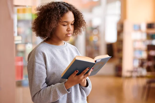 Chica Multicultural Pelo Ondulado Sudadera Gris Leyendo Libro Cuentos Biblioteca — Foto de Stock