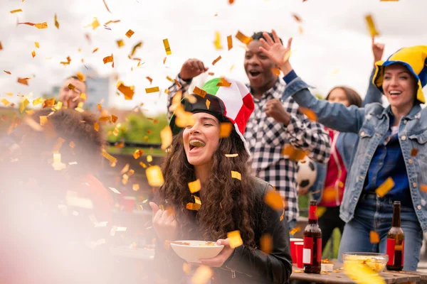 Joyful Multicultural Girls Guy Expressing Joy While Shouting Ecstatically Favorite — Stock Photo, Image