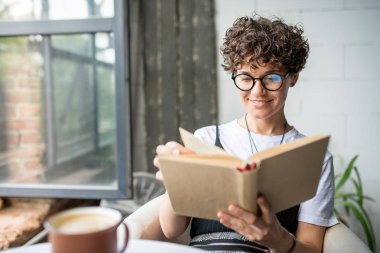 Ev ortamında pencere ile koltukta dinlenirken kitap okuyan genç gülümseyen kadın