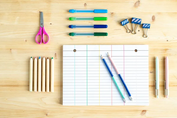 Top View Blank Sheet Paper Some Clips Pencils Highlighters Pens — Stok fotoğraf