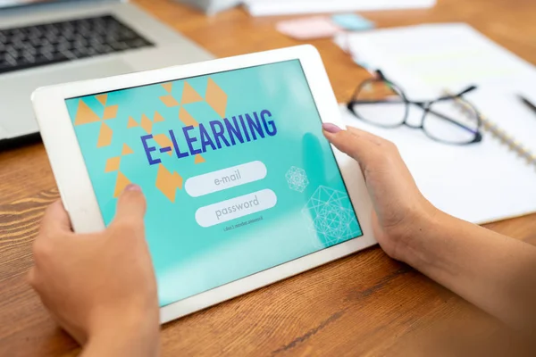 Touchpad Held Young Female Student Educational Website Entering Her Mail — Stock Photo, Image