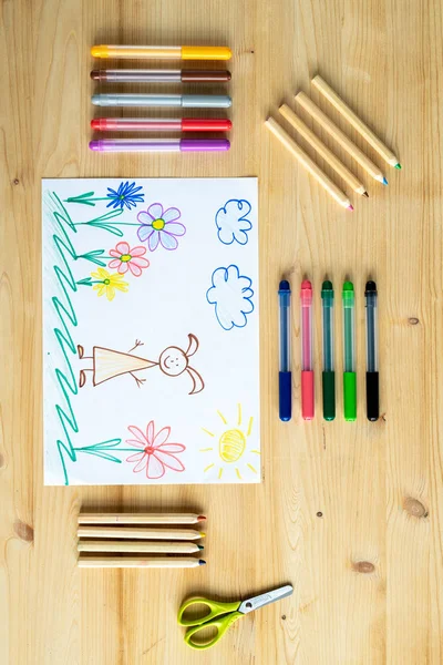 Overview Drawing Elementary Schoolchild Wooden Table Several Sets Pencils Crayons — 图库照片