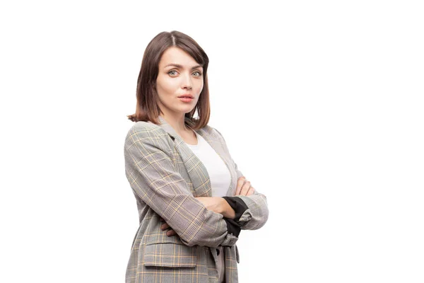 Young Elegant Secretary Teacher Suit Crossing Her Arms Chest While — Stock Photo, Image