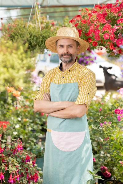 Maschio Maturo Agricoltore Giardiniere Grembiule Cappello Piedi Serra Tra Aiuole — Foto Stock