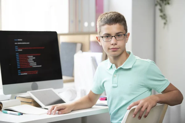 Clever Boy Middle School Looking You While Sitting Desk Network — Stock Photo, Image