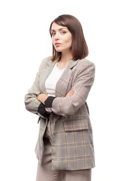 Young Serious Teacher Businesswoman Crossing Arms Chest While Standing Isolation — Stock Photo, Image