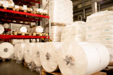 Büyük modern termoplastik üretim fabrikasının ortaklarına teslim için hazırlanan ambalajlı polimer membran satırları ve yığınları