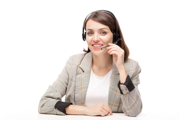 Young Friendly Female Hotline Operator Call Center Looking You While — Stock Photo, Image