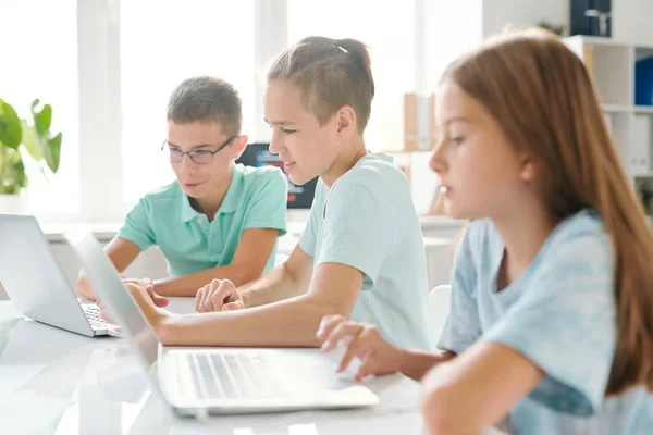 三个穿着休闲装的年轻学生坐在电脑教室里 一边专心上课网络 — 图库照片