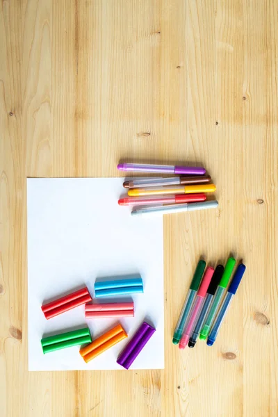 Overview Wooden Table Background Blank Paper Several Sets Colorful Pencils — Stock Photo, Image