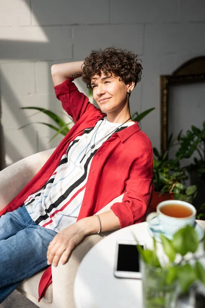 Serene Satisfied Woman Stylish Casualwear Relaxing Armchair Front Window Sunny — Stock Photo, Image