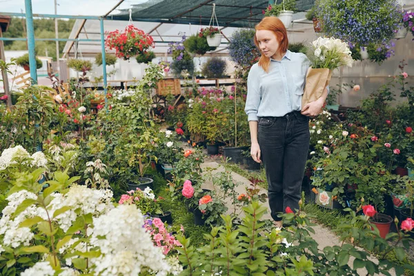 Menina Ruiva Roupas Casuais Andando Sobre Bela Estufa Escolher Flores — Fotografia de Stock