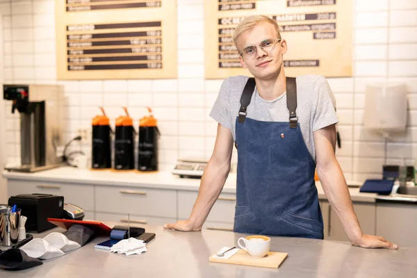 Happy Friendly Young Barista Apron Shirt Looking You While Standing — Stock Photo, Image