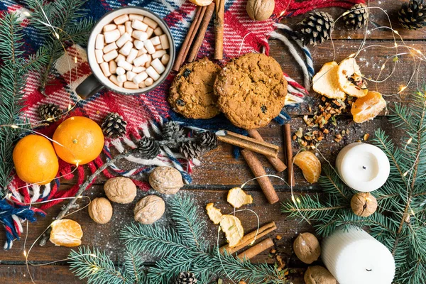 Christmas Background Hot Drink Cookies Other Traditional Food Symbols Wooden — Stock Photo, Image