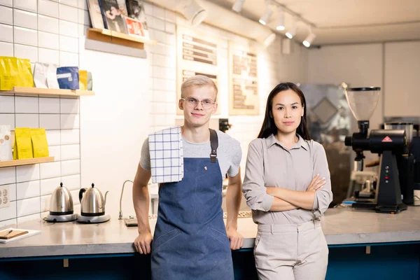 Two Young Workers Contemporary Cafe Restaurant Standing Workplace Front Camera — Stock Photo, Image