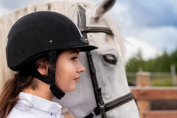 乗馬用ヘルメットと自然環境に立つ白い純血馬の若いアクティブな女性のプロフィール — ストック写真