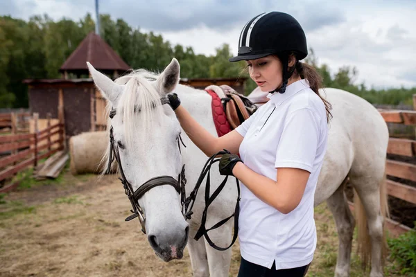 Aktiv Flicka Ridhjälm Och Vit Pikétröja Och Hennes Kapplöpningshäst Rör — Stockfoto