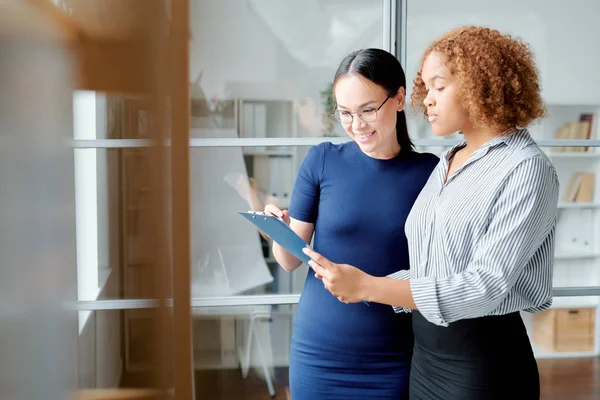 One Young Business Partners Pointing Contract Held Colleague While Looking — Stock Photo, Image