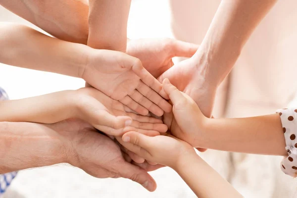 Top View Open Hands Little Kids Young Parents Making Pile — Stock Photo, Image