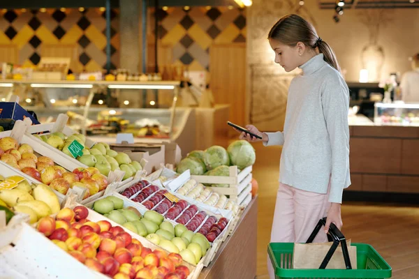 Alkalmi Fiatal Lány Kosár Okostelefon Fotózás Friss Érett Gyümölcsök Kijelzőn — Stock Fotó