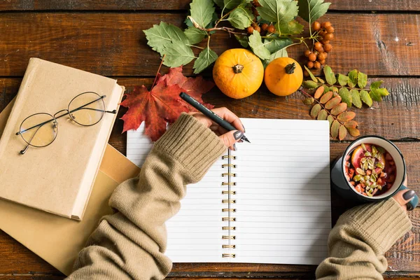 Top View Female Student Hands Pen Hot Drink Making Notes — Stock Photo, Image