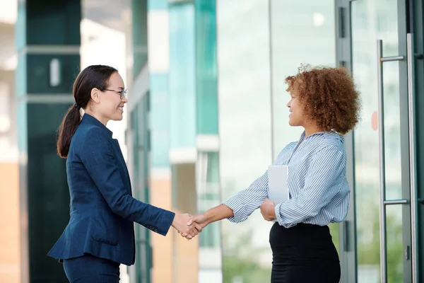 Δύο Νέοι Επιτυχημένοι Επιχειρηματικοί Εταίροι Γυναίκες Συνάδελφοι Καλωσορίζουν Μία Την — Φωτογραφία Αρχείου