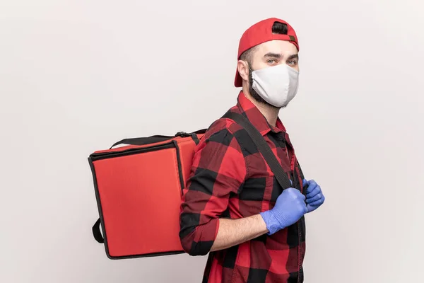 Courier Cafe Restaurant Workwear Protective Mask Gloves Carrying Big Red — Stock Photo, Image