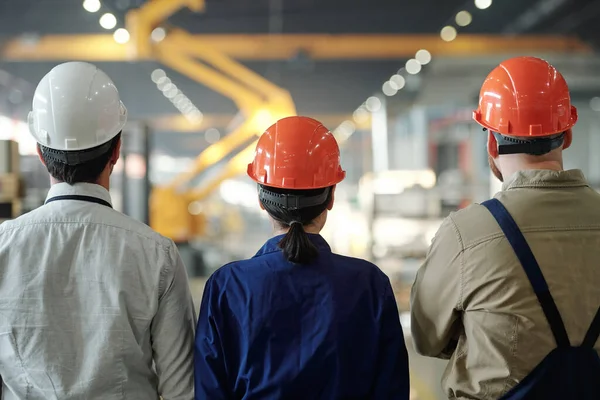 Visão Traseira Funcionários Fabricação Hardhats Juntos Olhando Para Máquinas Fábrica — Fotografia de Stock