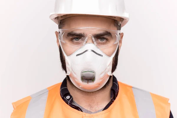 Serious Male Technician Orange Workwear Protective Hardhat Eyeglasses Mask Looking — Stock Photo, Image