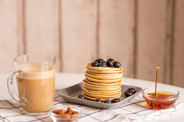 Stack Appetizing Homemade Pancakes Blackberries Its Top Surrounded Glass Latte — Stock Photo, Image