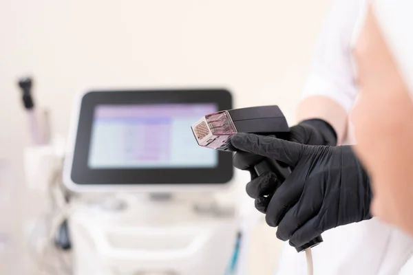 Close Unrecognizable Beautician Black Latex Gloves Pointing Handle Facial Machine — Stock Photo, Image