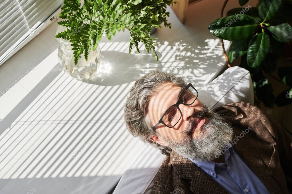 Happy mature relaxed businessman or other professional with grey hair and beard putting his head on windowsill after work in office