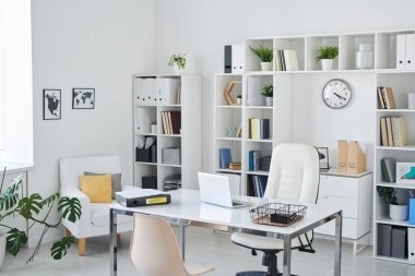 Çalışma masası, profesyonel koltuğu, müşteriler için sandalye, raflar, saat, yeşil bitki ve duvarda iki resim