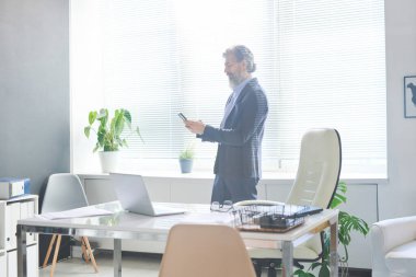 Ofisteki pencereye karşı dizüstü bilgisayarla otururken şık takım elbiseli çağdaş bir profesyonel cep telefonu kullanıyor.