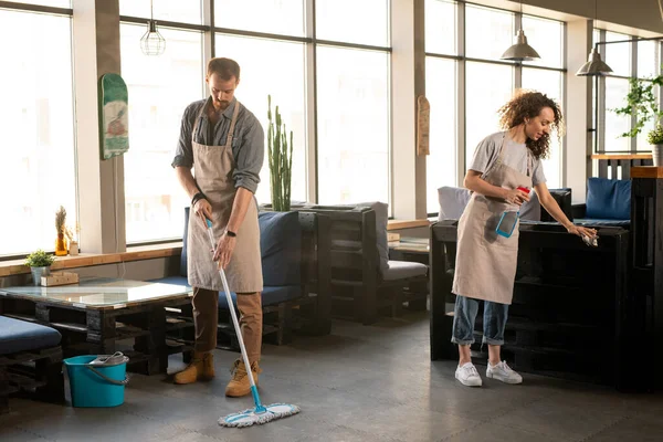 Two Owners Contemporary Restaurant Cafe Washing Floor Desinfecting Furniture Sanitizer — Stock Photo, Image