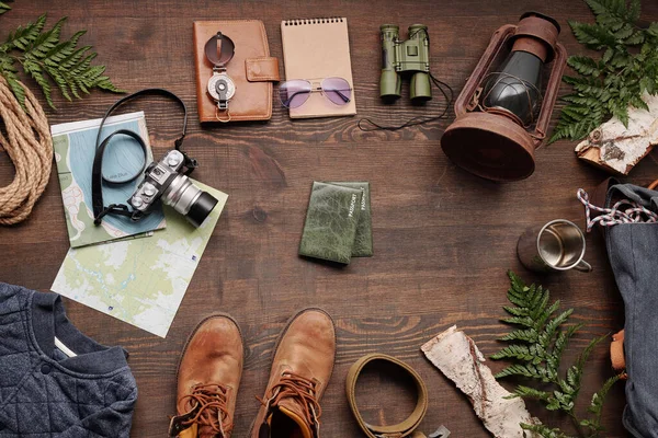 View Forest Hiking Stuff Dark Wooden Table Travelling Abroad Flat — Stock Photo, Image