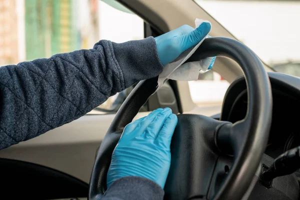 Gloved Hands Young Man Steer Car Driving Home Visiting Supermarket — Stock Photo, Image