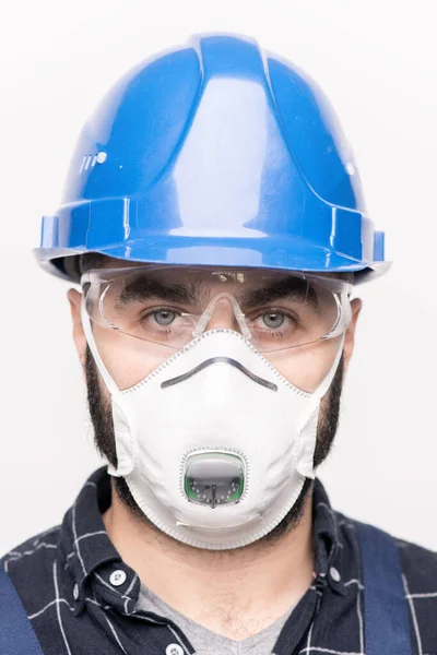 Head Young Engineer Builder Hardhat Protective Mask Standing Front Camera — Stock Photo, Image