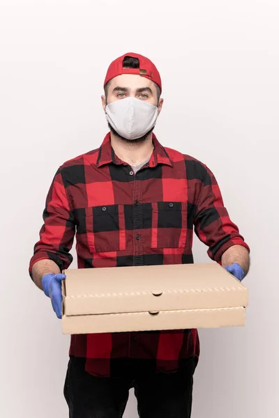 Young Male Courier Workwear Mask Gloves Looking Camera While Giving — Stock Photo, Image