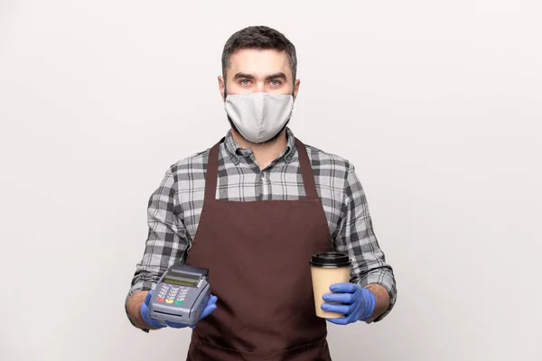 Young Waiter Cafe Restaurant Apron Gloves Mask Holding Glass Coffee — Stock Photo, Image