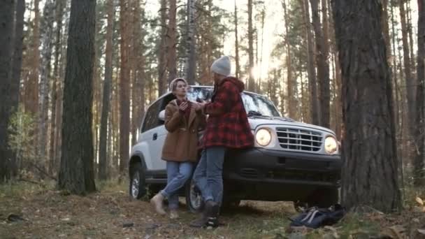 若いカップルが森の中でクロスオーバー車で立ち サンドイッチを食べ 熱いお茶を飲み 話して — ストック動画