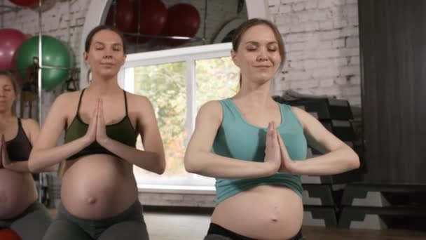 Medium Shot Van Groep Jonge Zwangere Vrouwen Zittend Yoga Lotus — Stockvideo