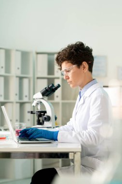 Koruyucu gözlük ve eldiven takan konsantre virüs uzmanı laboratuarda koronavirüs araştırması yaparken dizüstü bilgisayarda daktilo kullanıyor.
