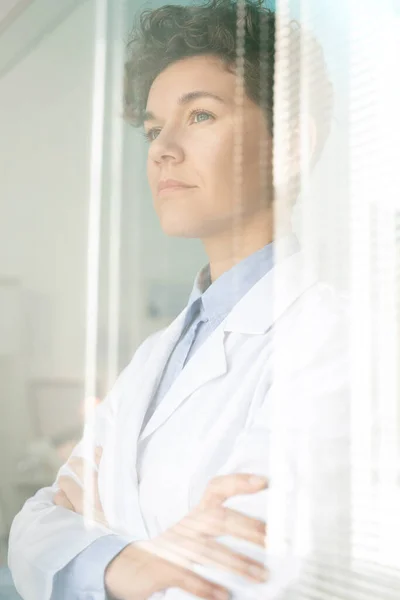Hırslı Kendine Güvenen Kısa Saçlı Bir Tıp Araştırmacısı Pencerede Çapraz — Stok fotoğraf