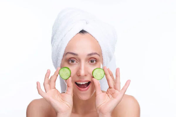 Young Joyful Woman Healthy Radiant Skin Holding Two Slices Fresh — Stock Photo, Image