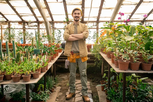 Retrato Satisfeito Bonito Jovem Hothouse Trabalhador Com Cinto Ferramentas Com — Fotografia de Stock